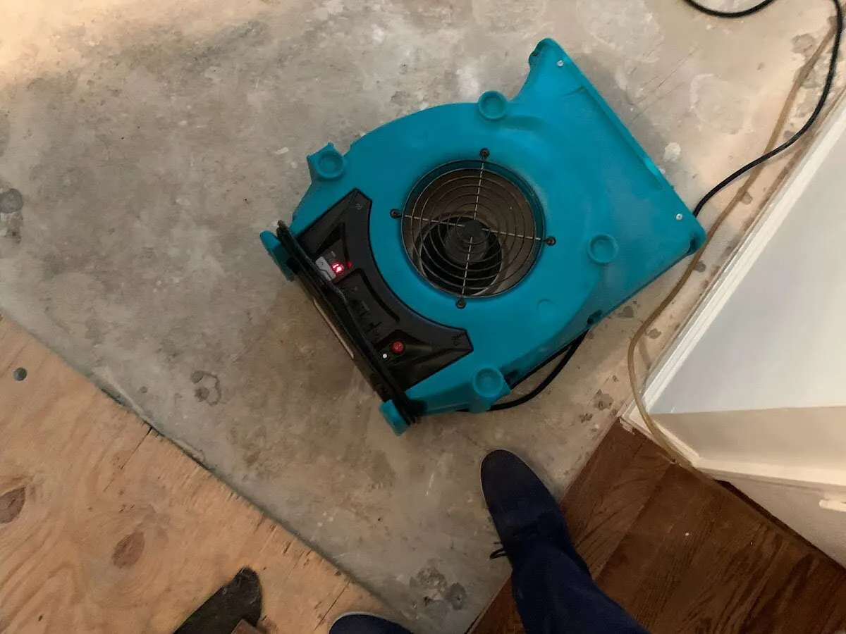 Air mover drying subfloor during Leak Detection & Repair in Bruce